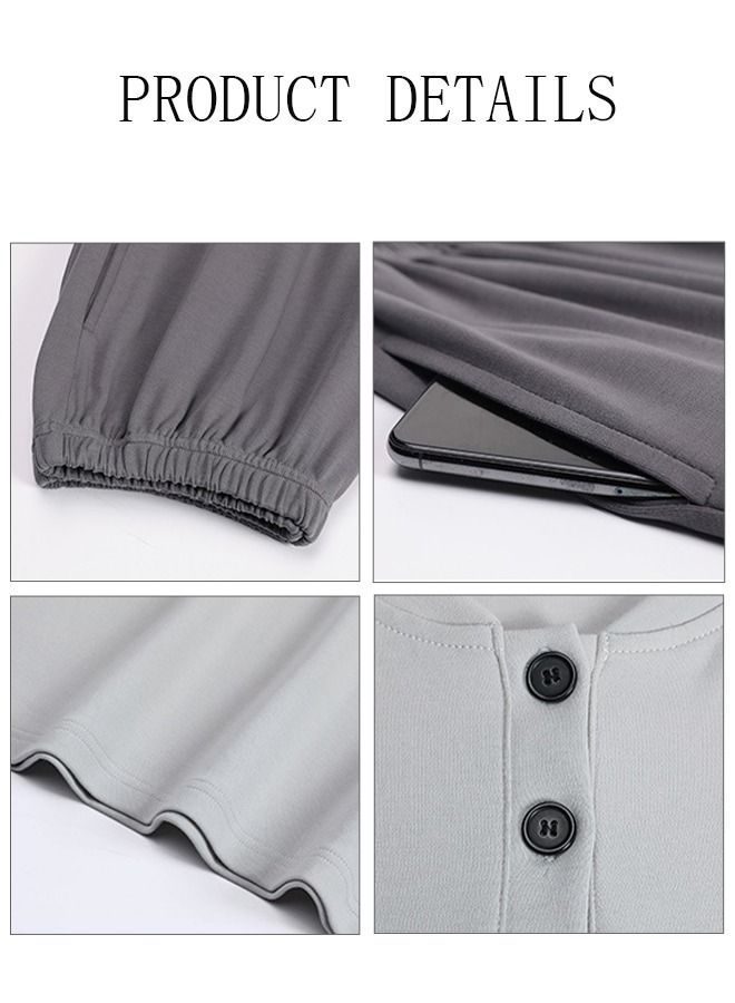 2-Piece Men' s Pajamas Casual Cotton Short-Sleeved Long Pants Sets  Sleepwear Nightgown Male Loose Spring Autumn Thin Loungewear Outer Wear Pure Color