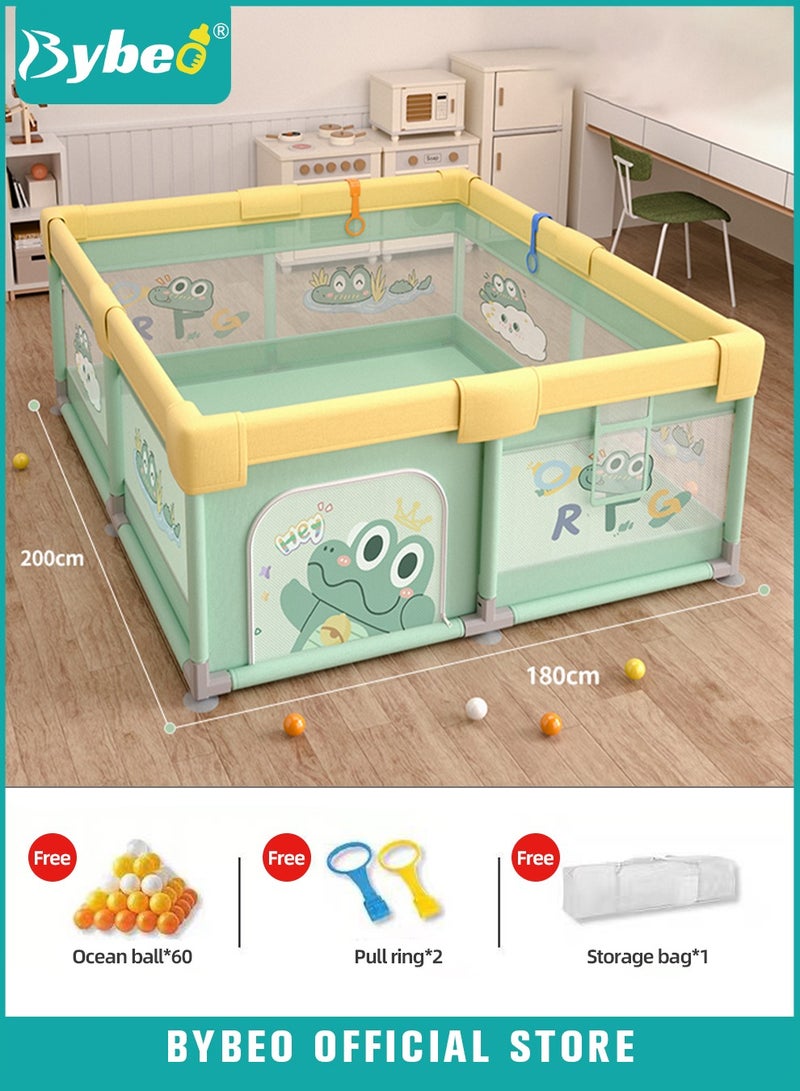 Large Baby Playpen Fence, Portable Babies Playards for Toddlers, Safety Infant Activity Center,  Sturdy Play Area, with 2 Pull Rings, 60 Marine Balls and Storage Bag, 180x200cm