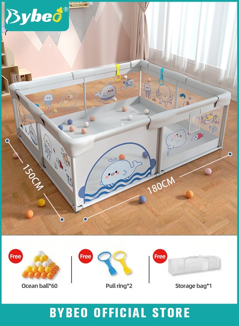 Baby Playpen Fence, Portable Babies Playards for Toddlers, Safety Infant Activity Center,  Sturdy Play Area, with 2 Pull Rings, 60 Marine Balls and Storage Bag, 150x180cm