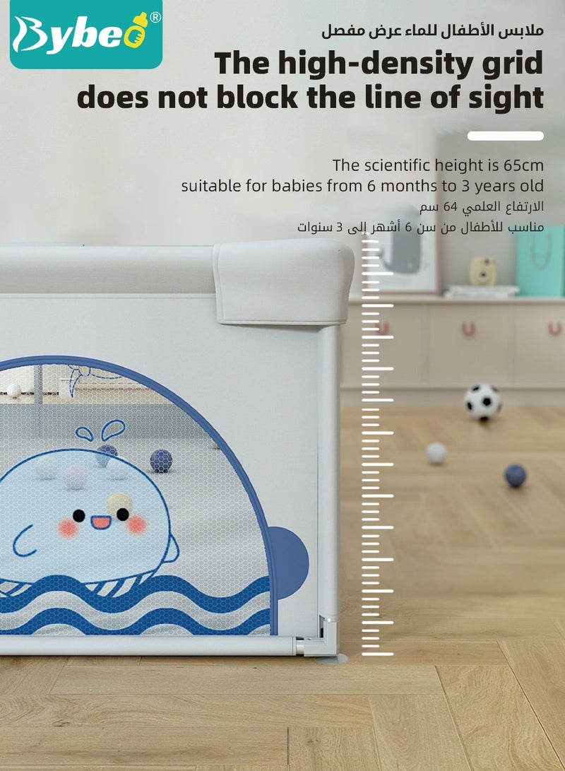 Baby Playpen Fence, Portable Babies Playards for Toddlers, Safety Infant Activity Center,  Sturdy Play Area, with 2 Pull Rings, 60 Marine Balls and Storage Bag, 150x180cm