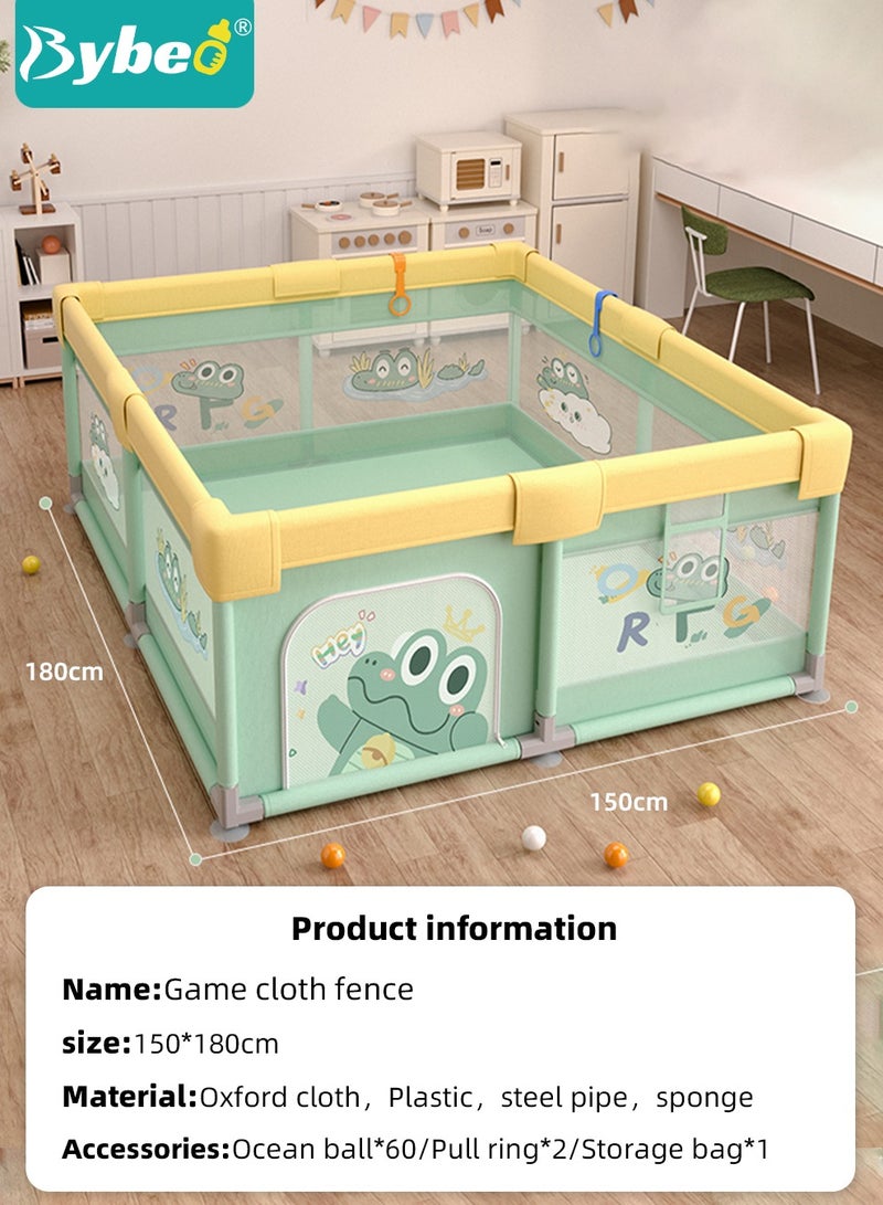 Baby Playpen Fence, Portable Babies Playards for Toddlers, Safety Infant Activity Center,  Sturdy Play Area, with 2 Pull Rings, 60 Marine Balls and Storage Bag, 150x180cm