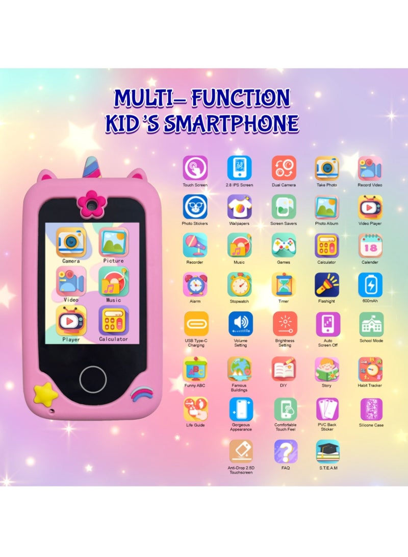 Kids Smart Phone Toys for Girls Ages 3-8 Toddler Play Travel Toys with Dual Camera Educational Learning Games Puzzles MP3 Music Player Birthday Gifts for Kids Girls 3 4 5 6 7 8 Year Old