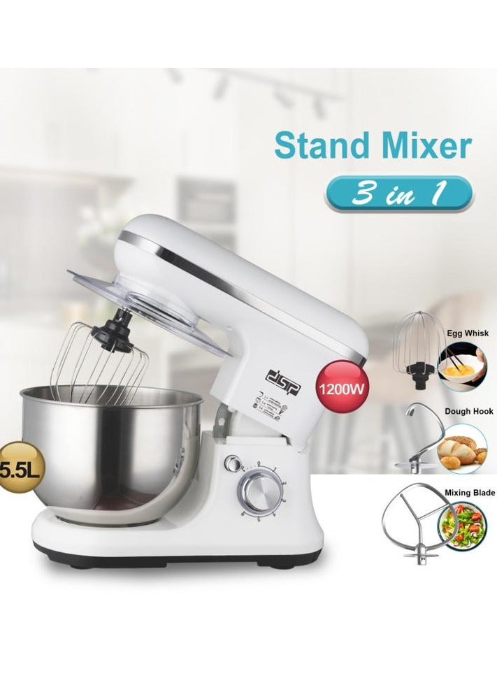 DSP 3 in 1 Food Processor 5.5 litre 1200 watt Stand Mixer Tilt-Head Electric Mixer for Mixing, Whisking, Kneading and Hooking (White-1200 watt)