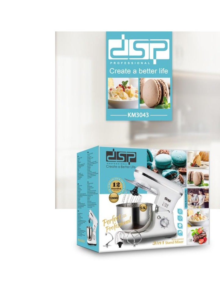 DSP 3 in 1 Food Processor 5.5 litre 1200 watt Stand Mixer Tilt-Head Electric Mixer for Mixing, Whisking, Kneading and Hooking (White-1200 watt)