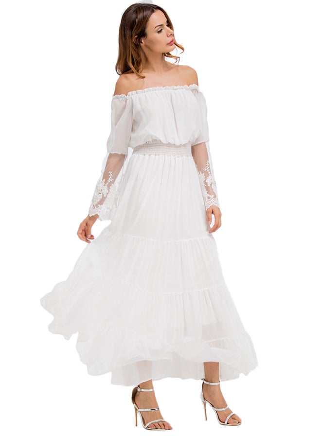 Lace Insert Off-Shoulder Dress White