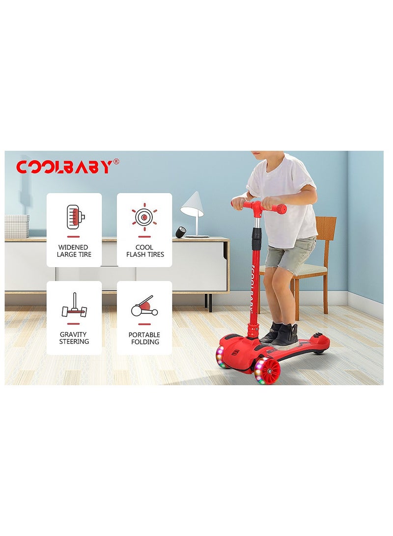 COOLBABY Kids Scooter 3 Wheels Big Pedal Foldable Scooter with Music Height Adjustable PU with LED Light Wheels