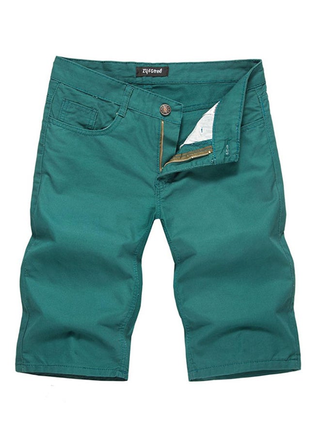 Casual Sport Front Button And Zipper Solid Shorts Green