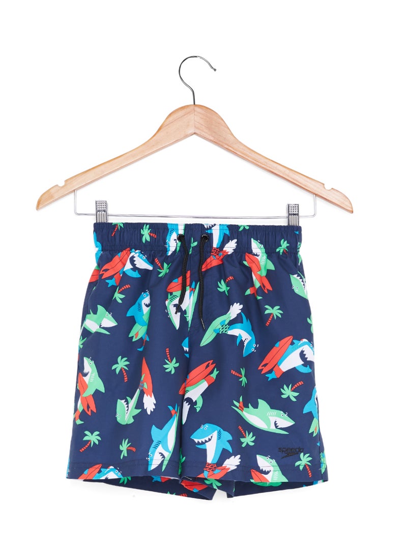 Shark Surfer Printed Leisure Swim Shorts Navy/Lava Red