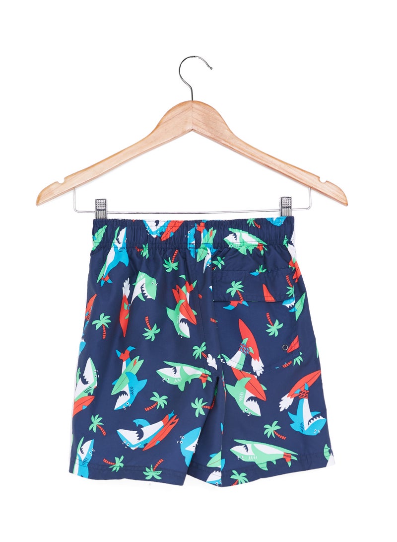 Shark Surfer Printed Leisure Swim Shorts Navy/Lava Red