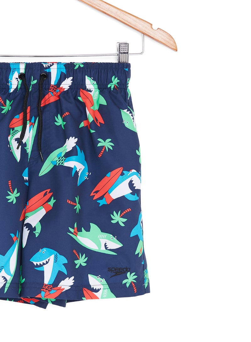 Shark Surfer Printed Leisure Swim Shorts Navy/Lava Red