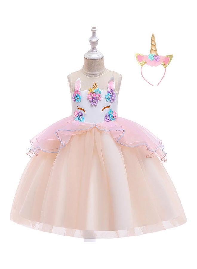 Floral Unicorn Mesh Dress With Hair Band Multicolour