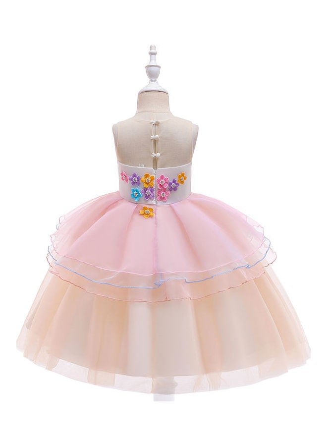 Floral Unicorn Mesh Dress With Hair Band Multicolour