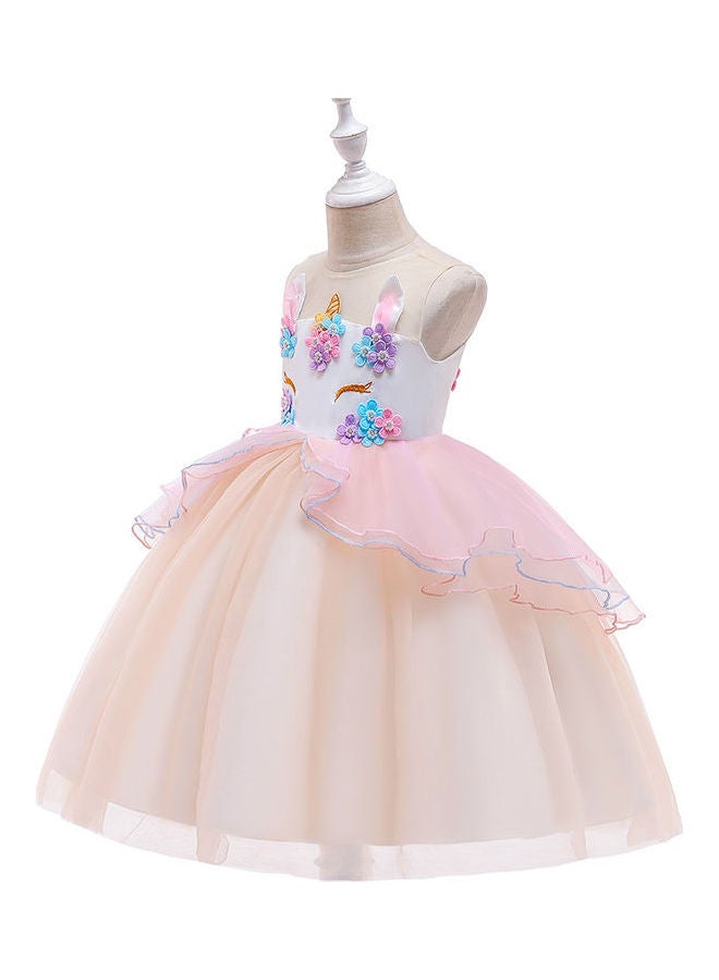Floral Unicorn Mesh Dress With Hair Band Multicolour