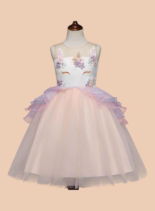 Floral Unicorn Mesh Dress With Hair Band Multicolour