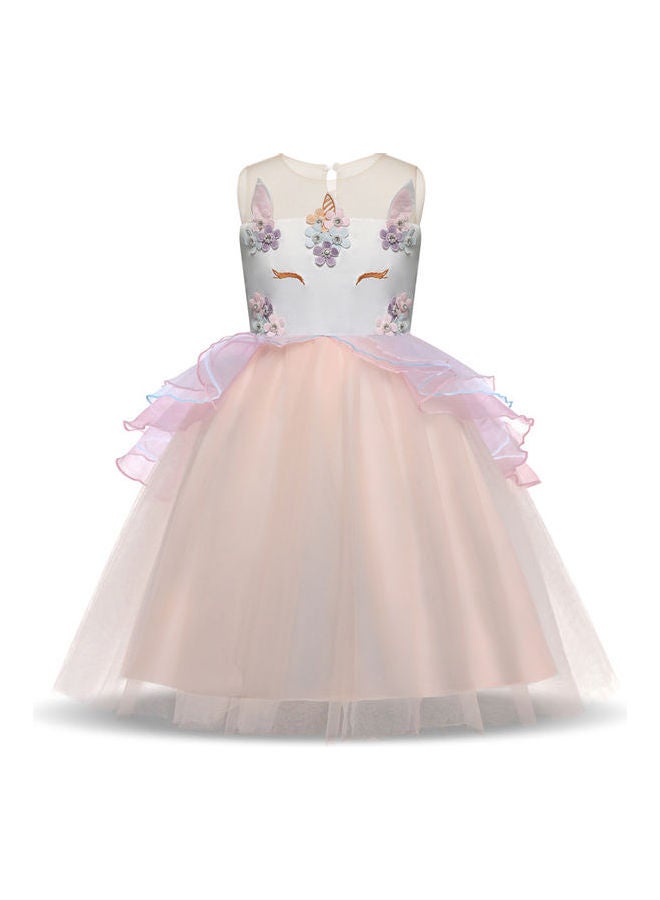 Floral Unicorn Mesh Dress With Hair Band Multicolour
