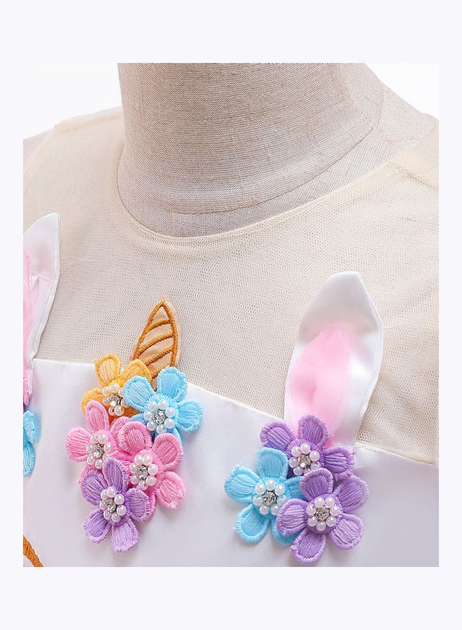 Floral Unicorn Mesh Dress With Hair Band Multicolour