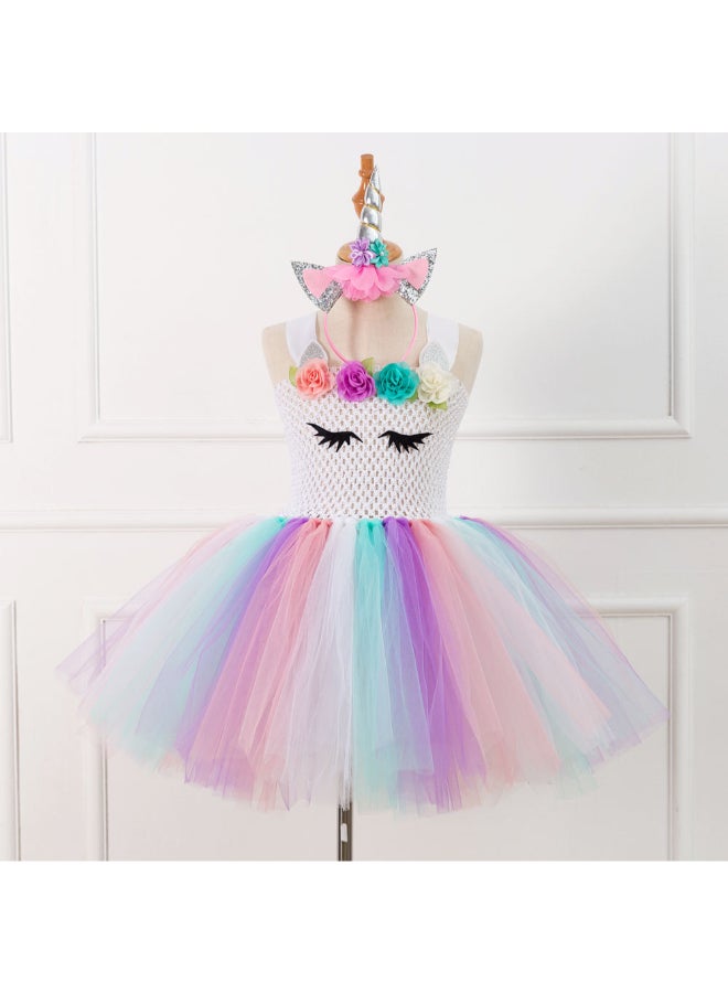 2-Piece Mesh Detail Bubble Floral Dress And Hair Accessory Set Multicolour