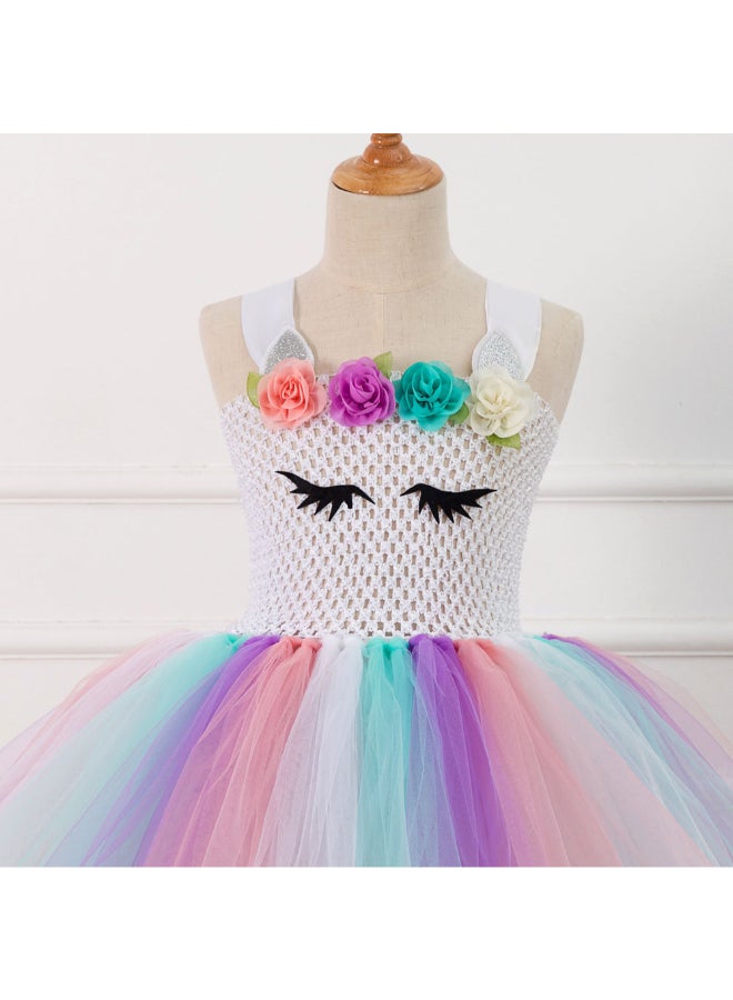 2-Piece Mesh Detail Bubble Floral Dress And Hair Accessory Set Multicolour