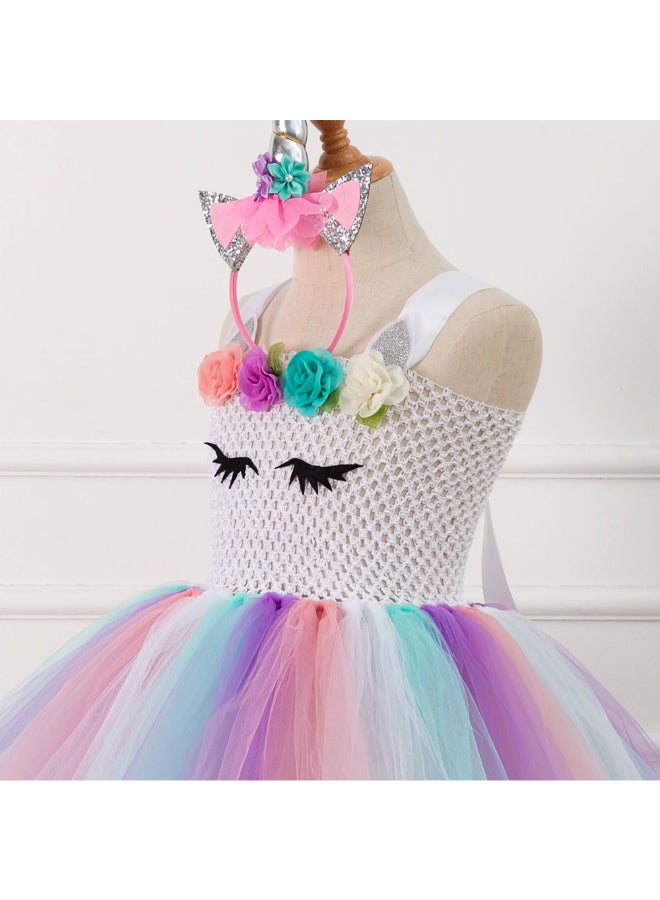 2-Piece Mesh Detail Bubble Floral Dress And Hair Accessory Set Multicolour