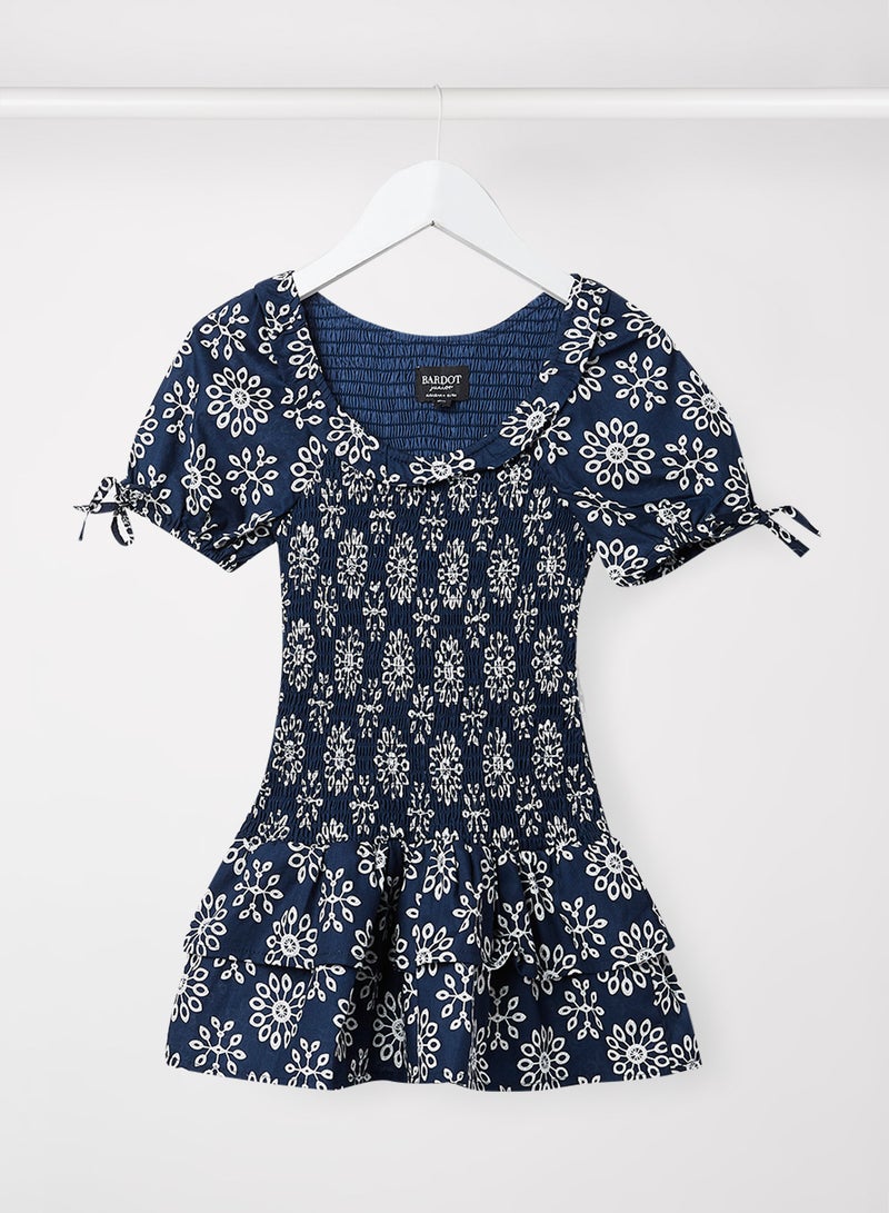 Kids/Teen Floral Print Shirred Dress Navy