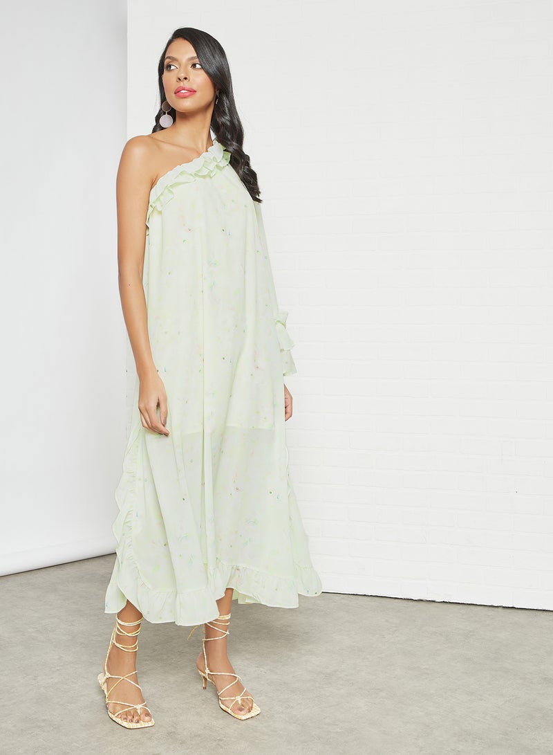 Ruffle Trim One Sleeve Dress Multicolour