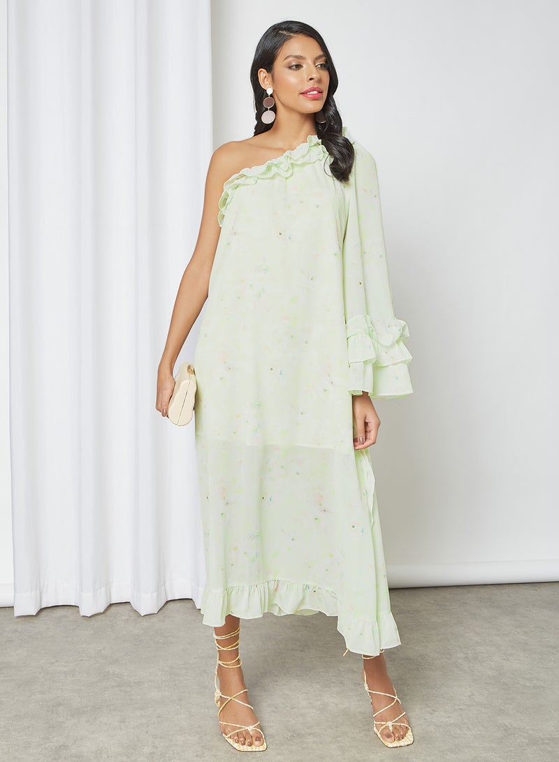 Ruffle Trim One Sleeve Dress Multicolour