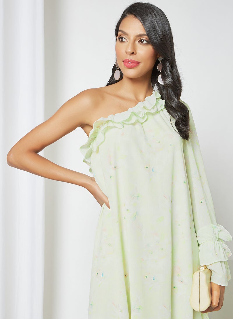 Ruffle Trim One Sleeve Dress Multicolour
