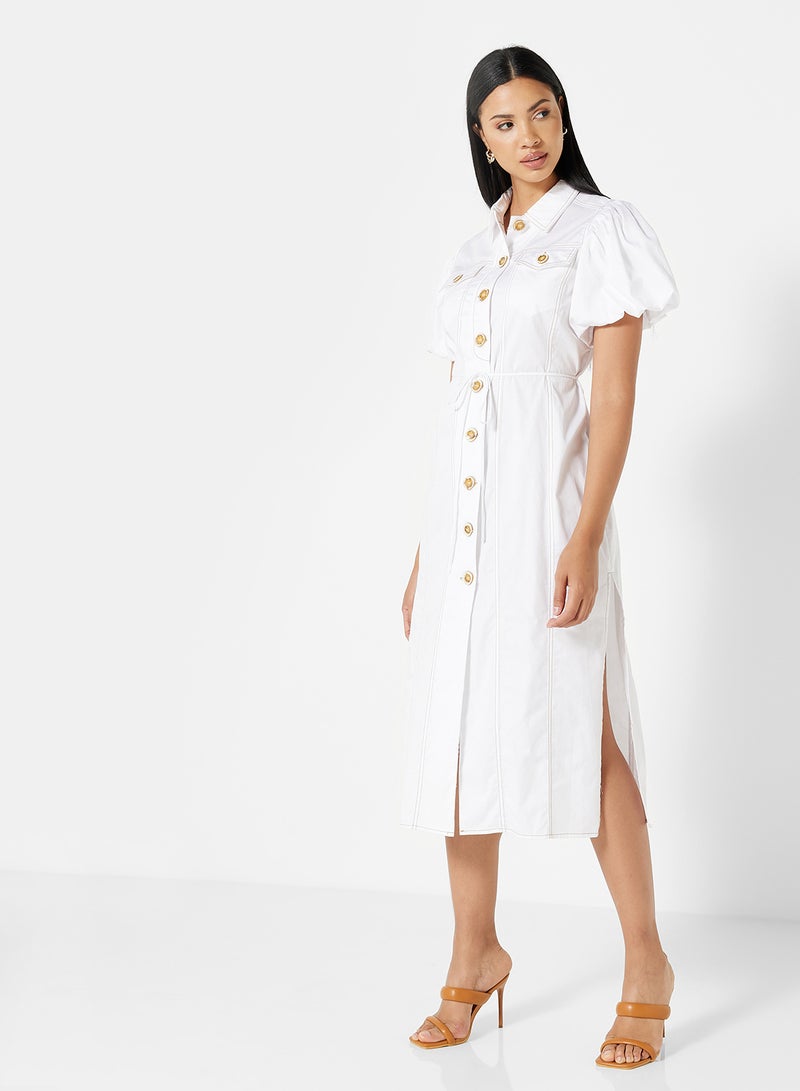 Puff Sleeve Midi Shirt Dress White