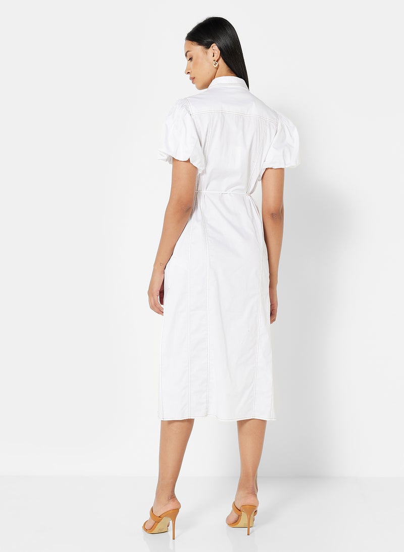 Puff Sleeve Midi Shirt Dress White