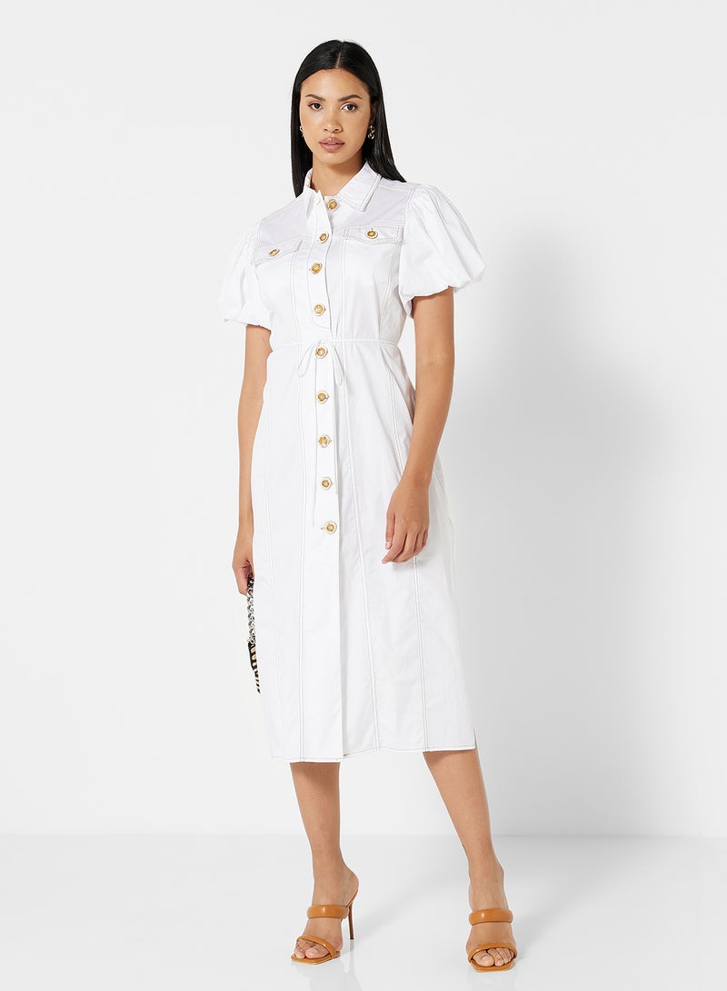 Puff Sleeve Midi Shirt Dress White