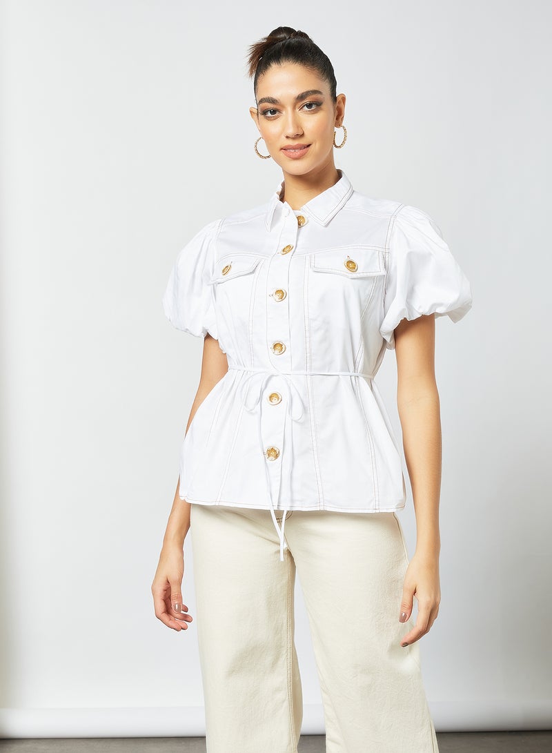 Contrast Stitch Puff Sleeve Shirt White