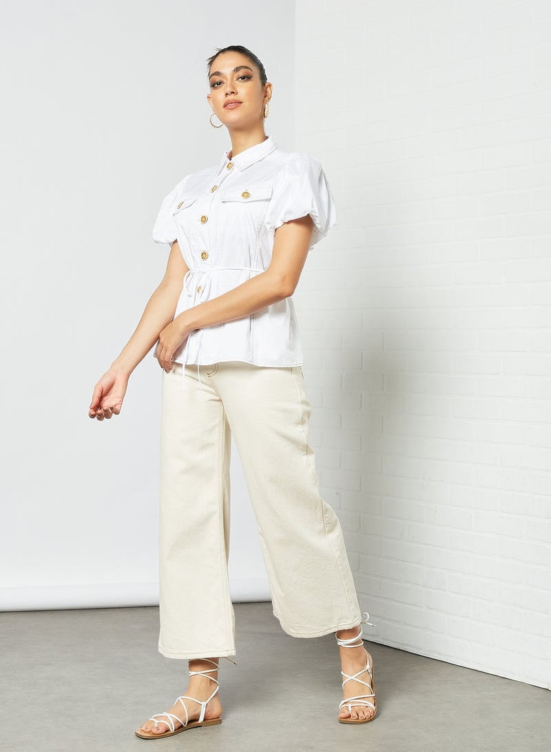 Contrast Stitch Puff Sleeve Shirt White