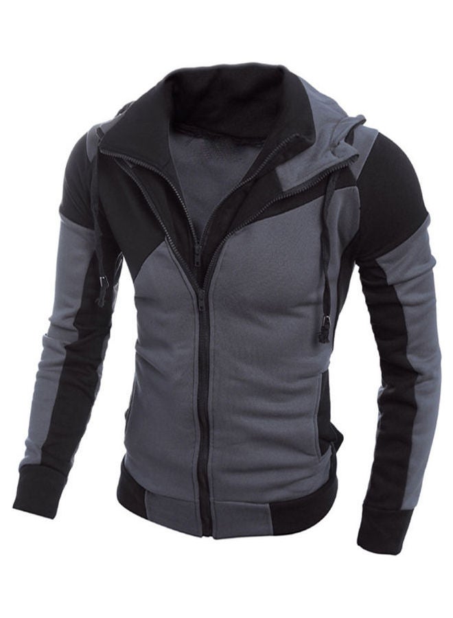 Colourblock Double Zipper Slim Hooded Sweatshirt Black/Grey