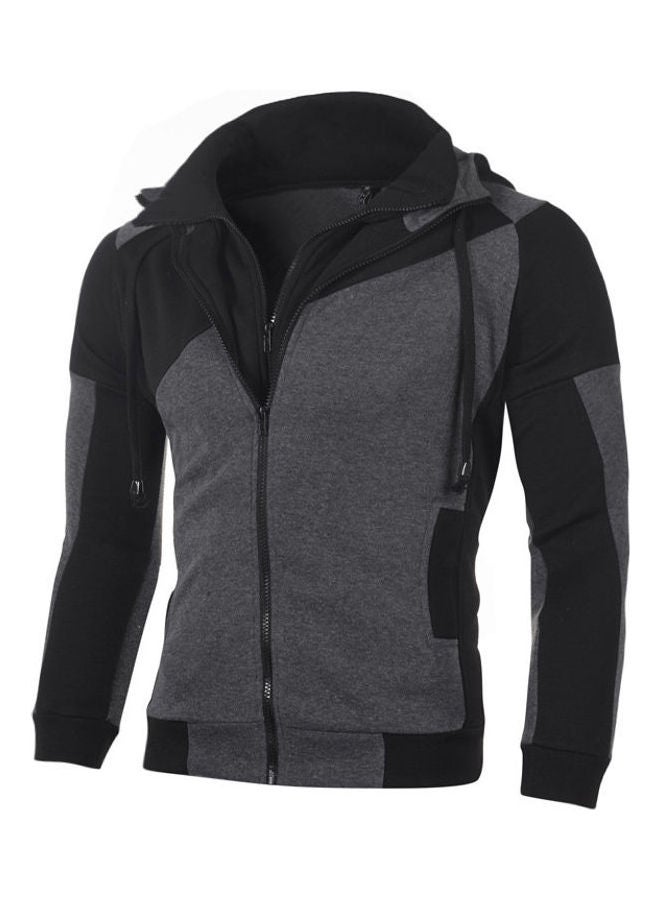 Colourblock Double Zipper Slim Hooded Sweatshirt Black/Grey