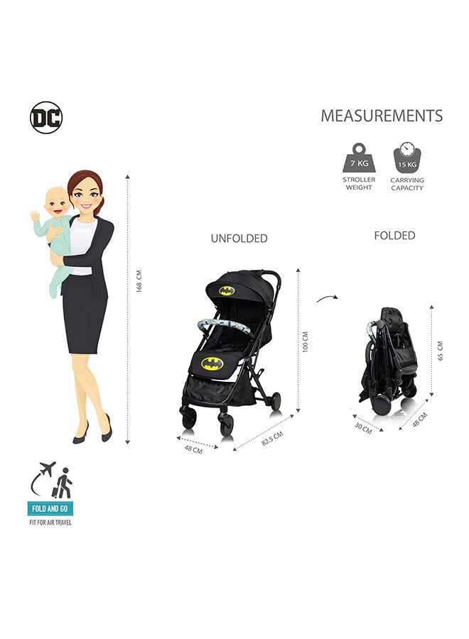 Batman Travel Stroller 0 - 36 Months, Compact Design, Storage Basket, Rear Breaks, Travel Compatible, Trolley Handle