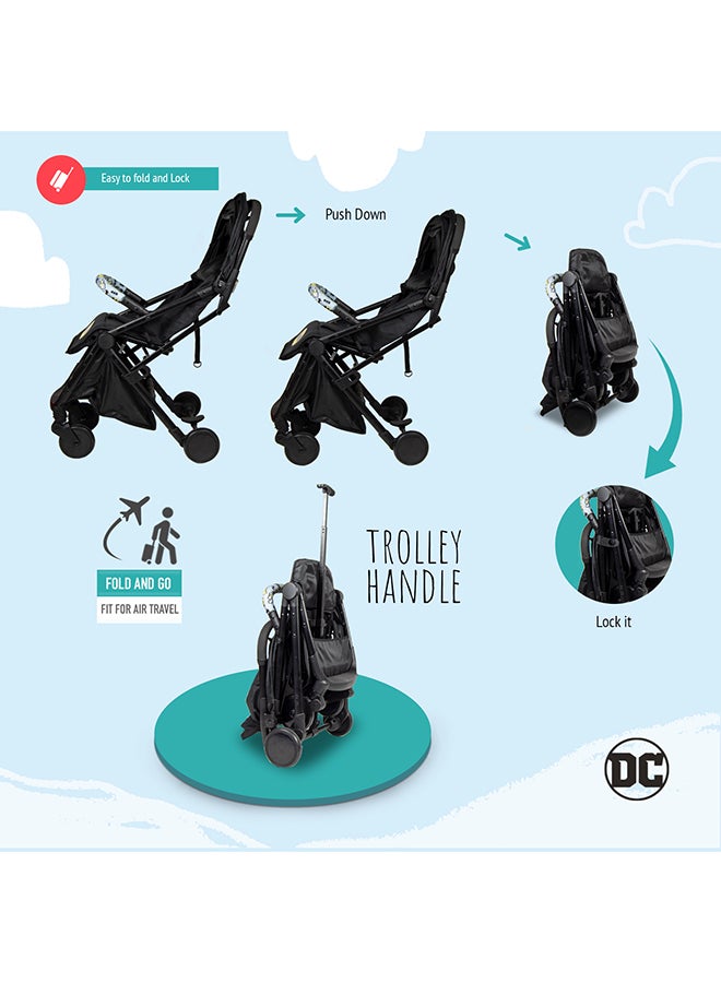 Batman Travel Stroller 0 - 36 Months, Compact Design, Storage Basket, Rear Breaks, Travel Compatible, Trolley Handle