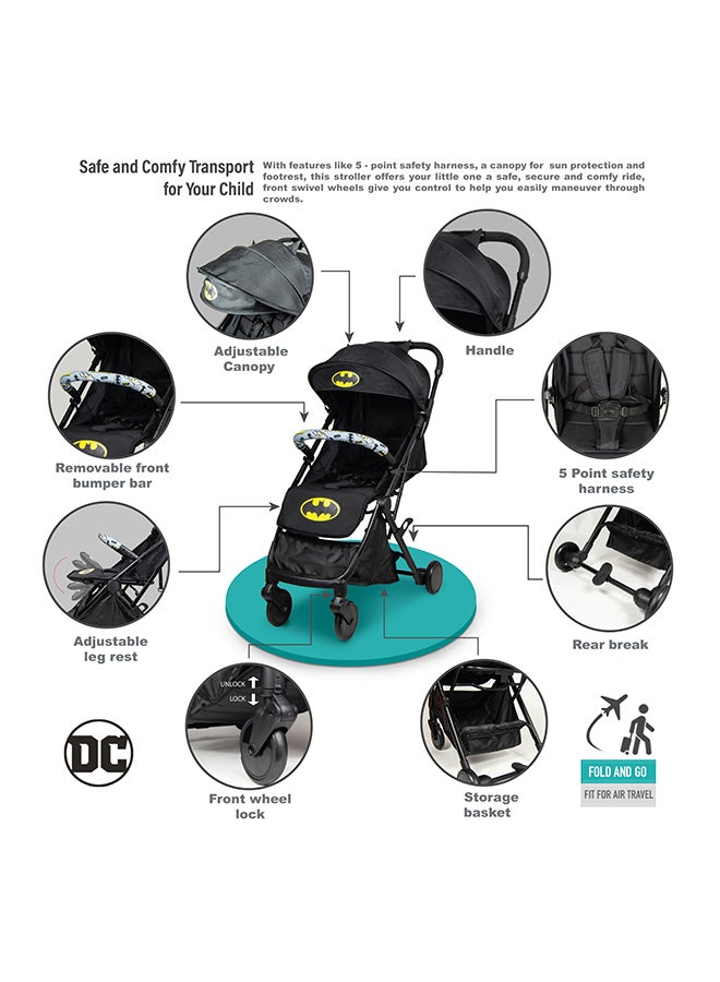 Batman Travel Stroller 0 - 36 Months, Compact Design, Storage Basket, Rear Breaks, Travel Compatible, Trolley Handle