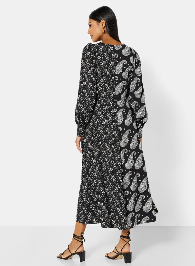 Paisley Print Midi Dress Black