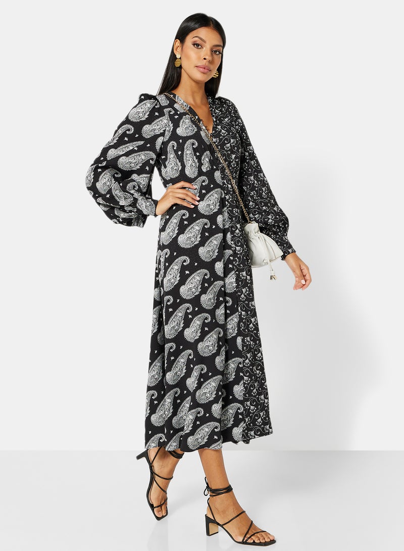 Paisley Print Midi Dress Black