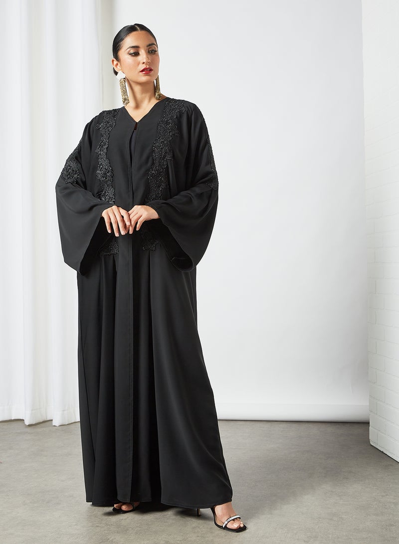 Embroidered V-Neck Abaya Black