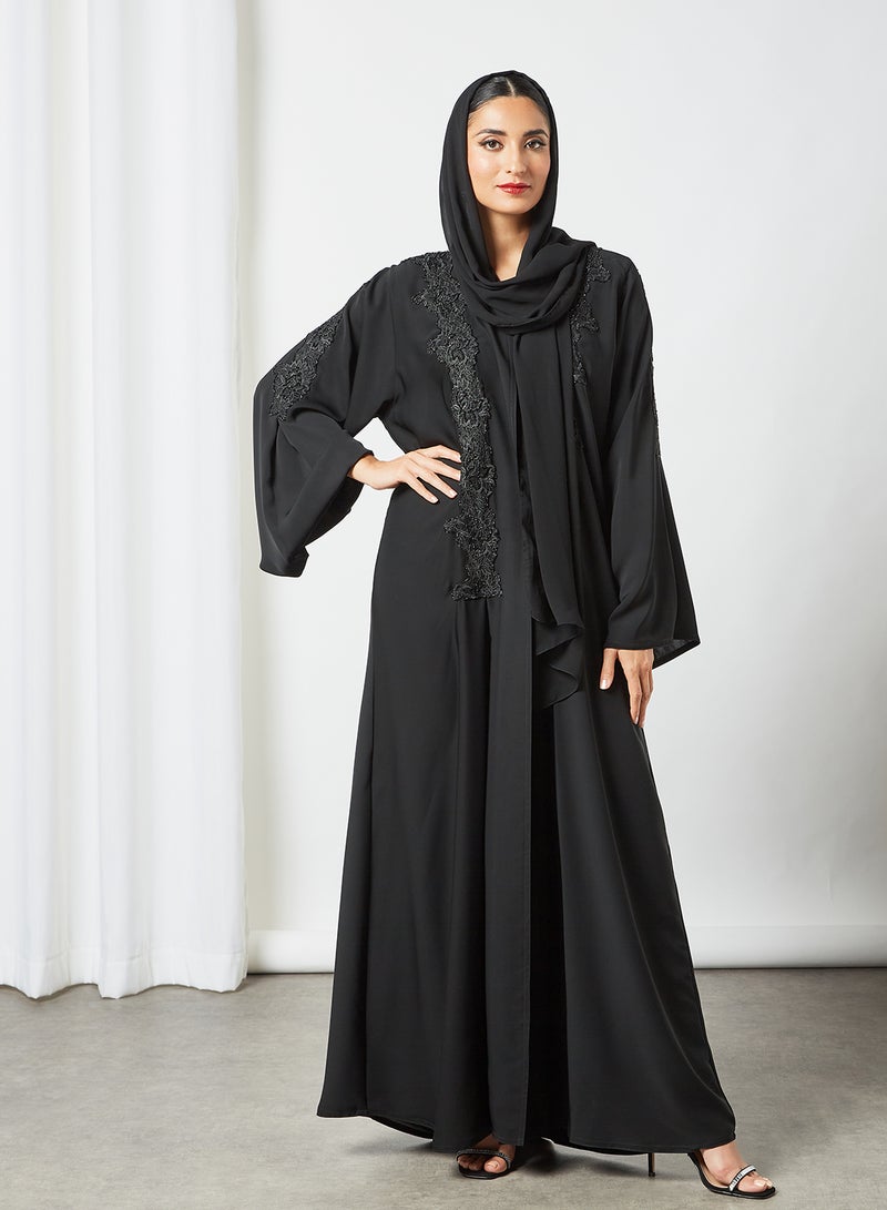 Embroidered V-Neck Abaya Black