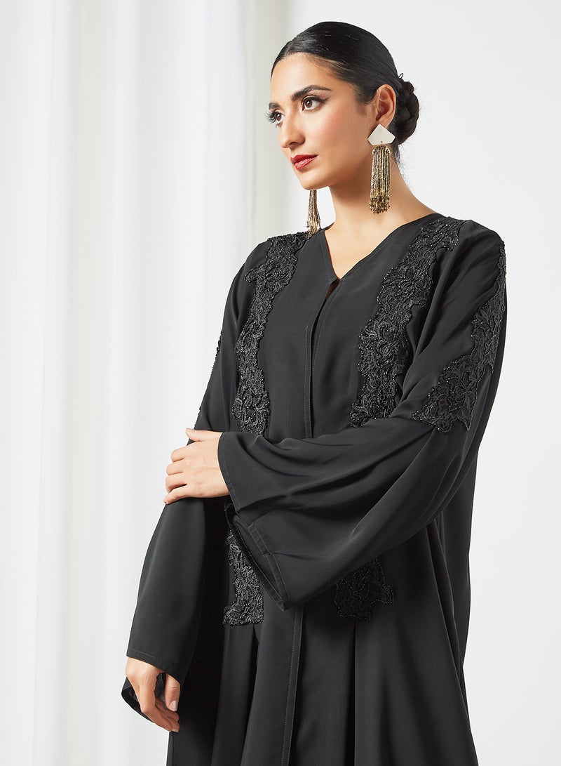 Embroidered V-Neck Abaya Black