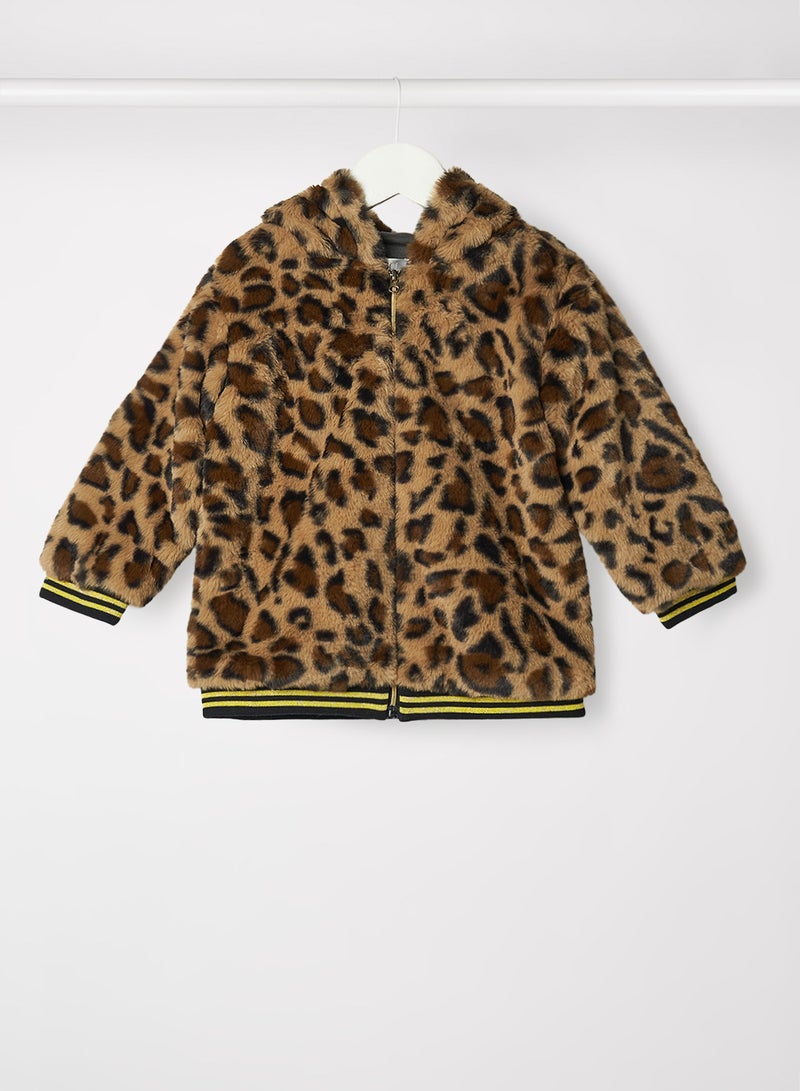 Baby Boys Leopard Hooded Fur Jacket Brown