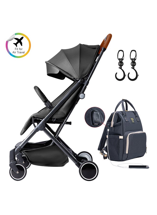 Travel Lite Stroller With Sunveno USB Diaper Bag And Stroller Hooks - Black