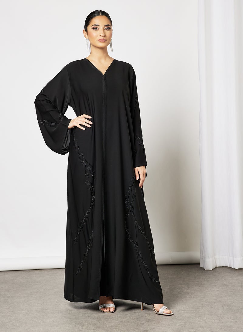 Abaya With Stone Hand Work Front And Sleeves Black