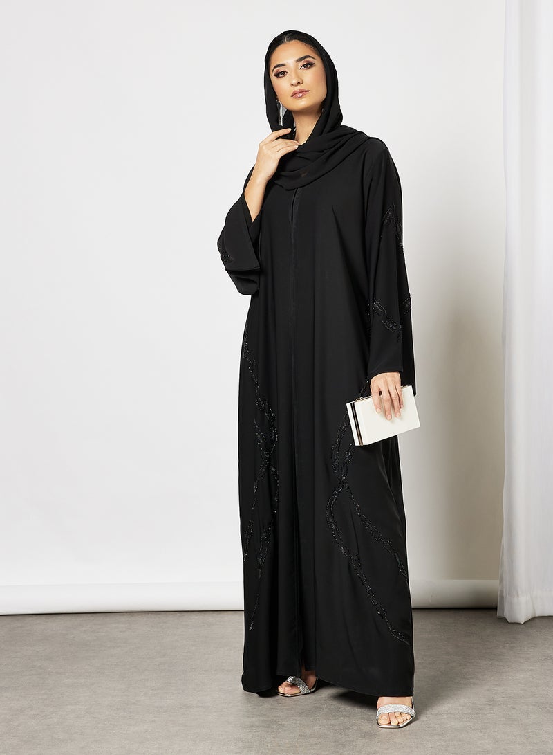 Abaya With Stone Hand Work Front And Sleeves Black