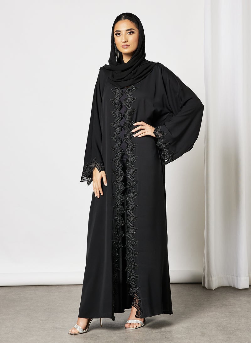 Abaya With Laise And Stone Hand Work Black