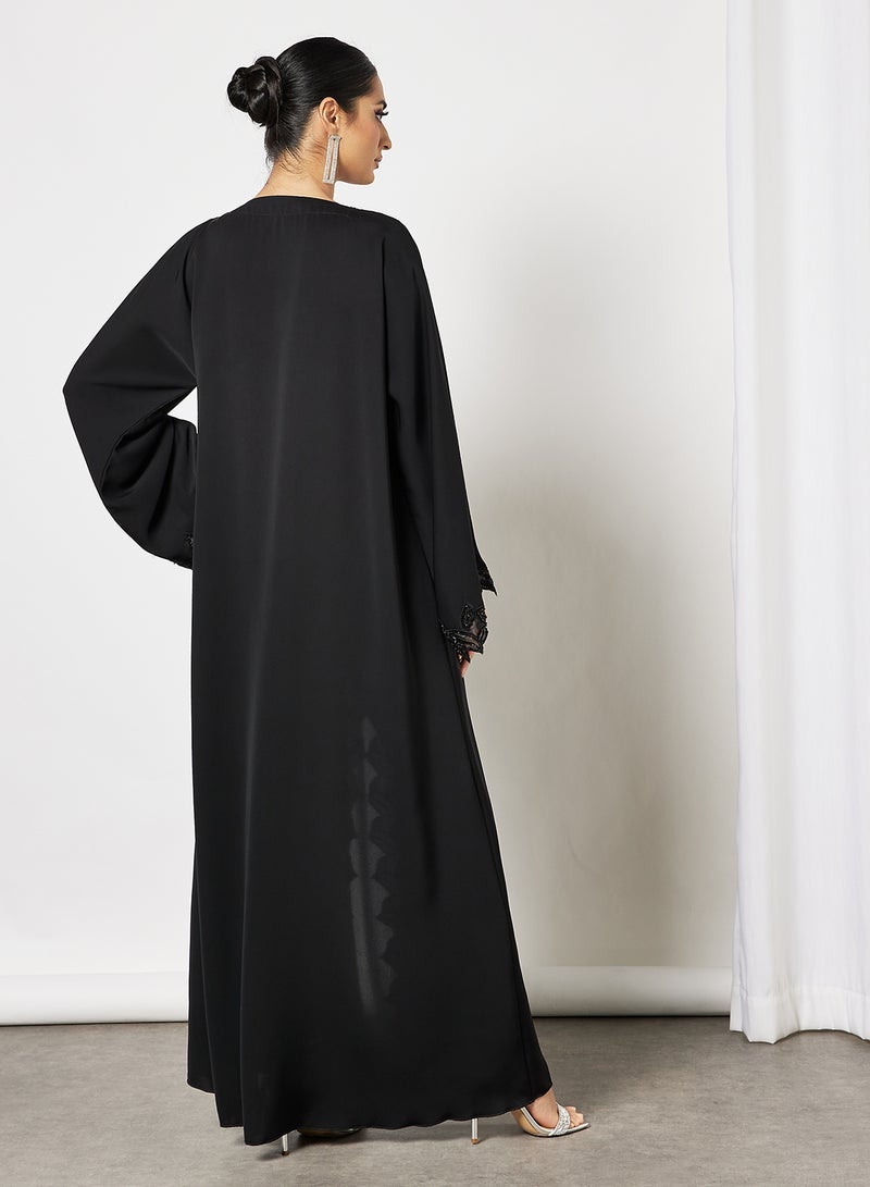 Abaya With Laise And Stone Hand Work Black