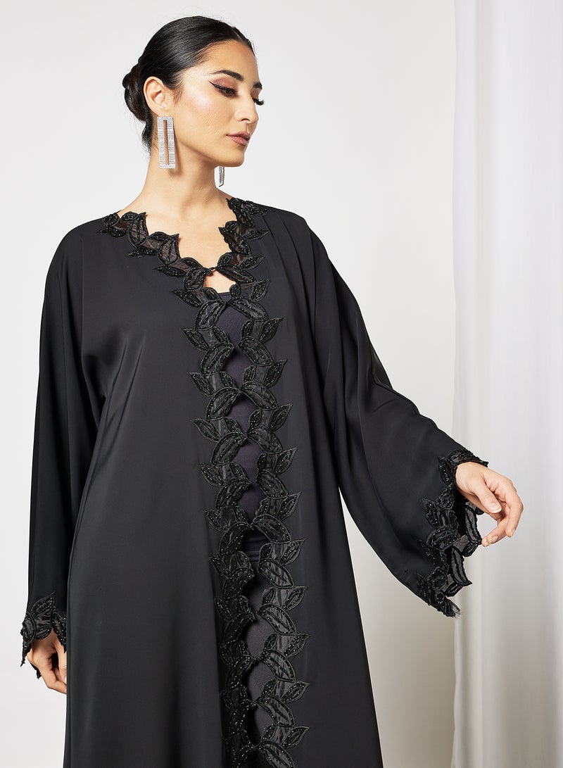 Abaya With Laise And Stone Hand Work Black