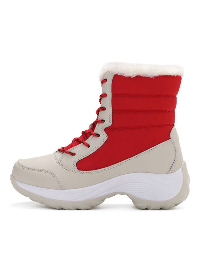 Colourblock Pattern High-Top Warm Ankle Boots Red/Beige